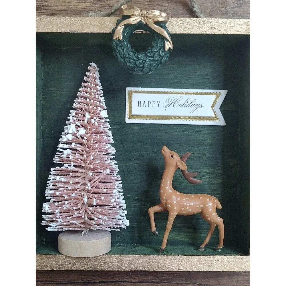 Handmade Diorama Christmas Ornament Shelf Sitter Sign Wreath Deer Tree O5